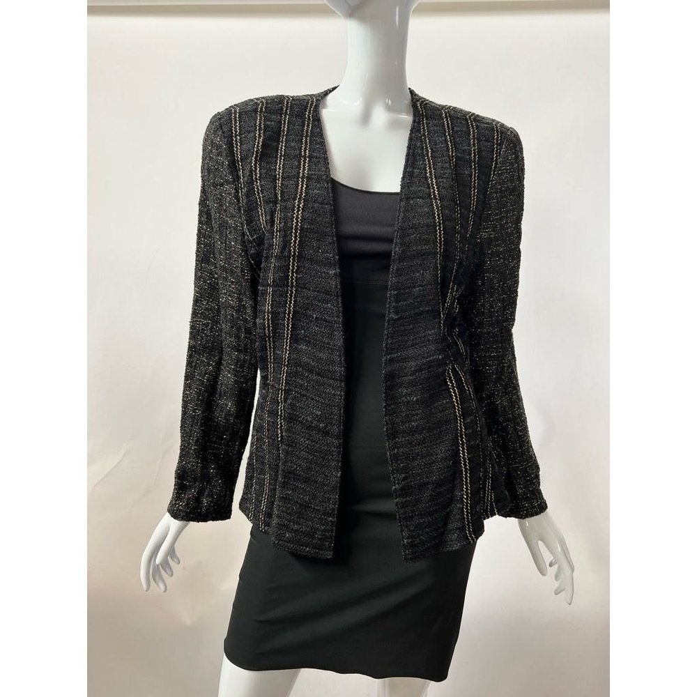 Zonda Nellis Womens Blazer Jacket Black Plaid Open Textured Collarless Boucle S